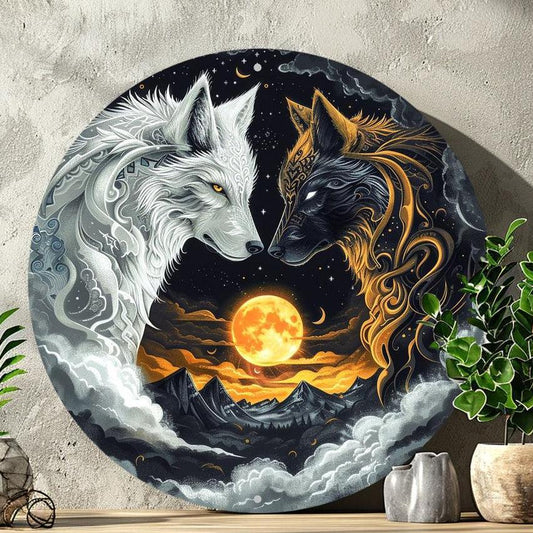 Moon Wolf Metal Sign Black and White Wolves Wall Sign-MoonChildWorld