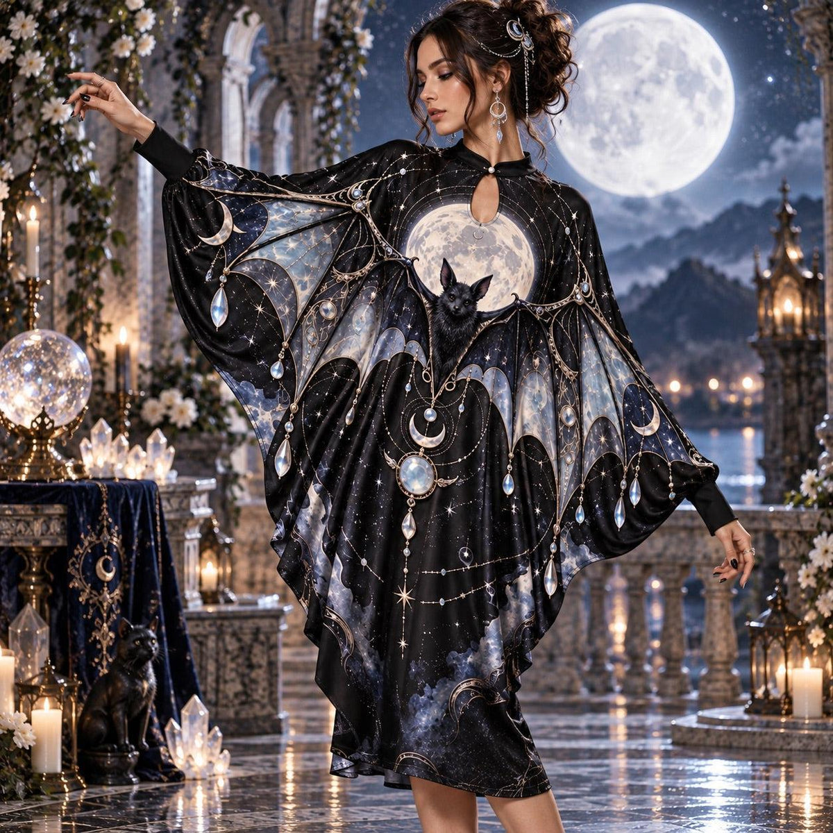 Moon Bat Celestial Batwing Dress – Crystal Witchy Gothic Night Midi – worn, three quarter view