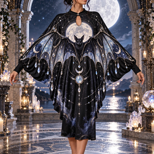 Moon Bat Celestial Batwing Dress – Crystal Witchy Gothic Night Midi – worn, front view