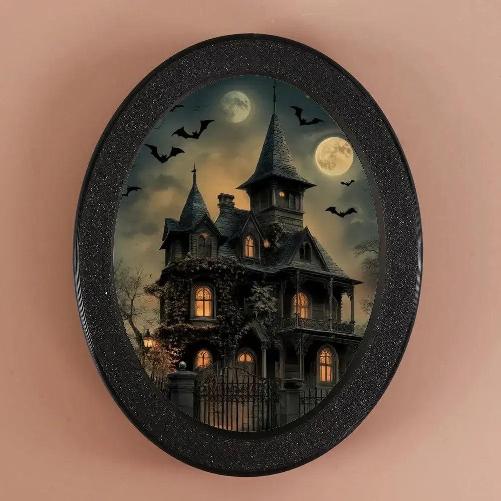 Moon Bats & Haunted House Witch Wooden Oval Frame - Gothic Oval Wall Art - Halloween Wall Decoration-MoonChildWorld