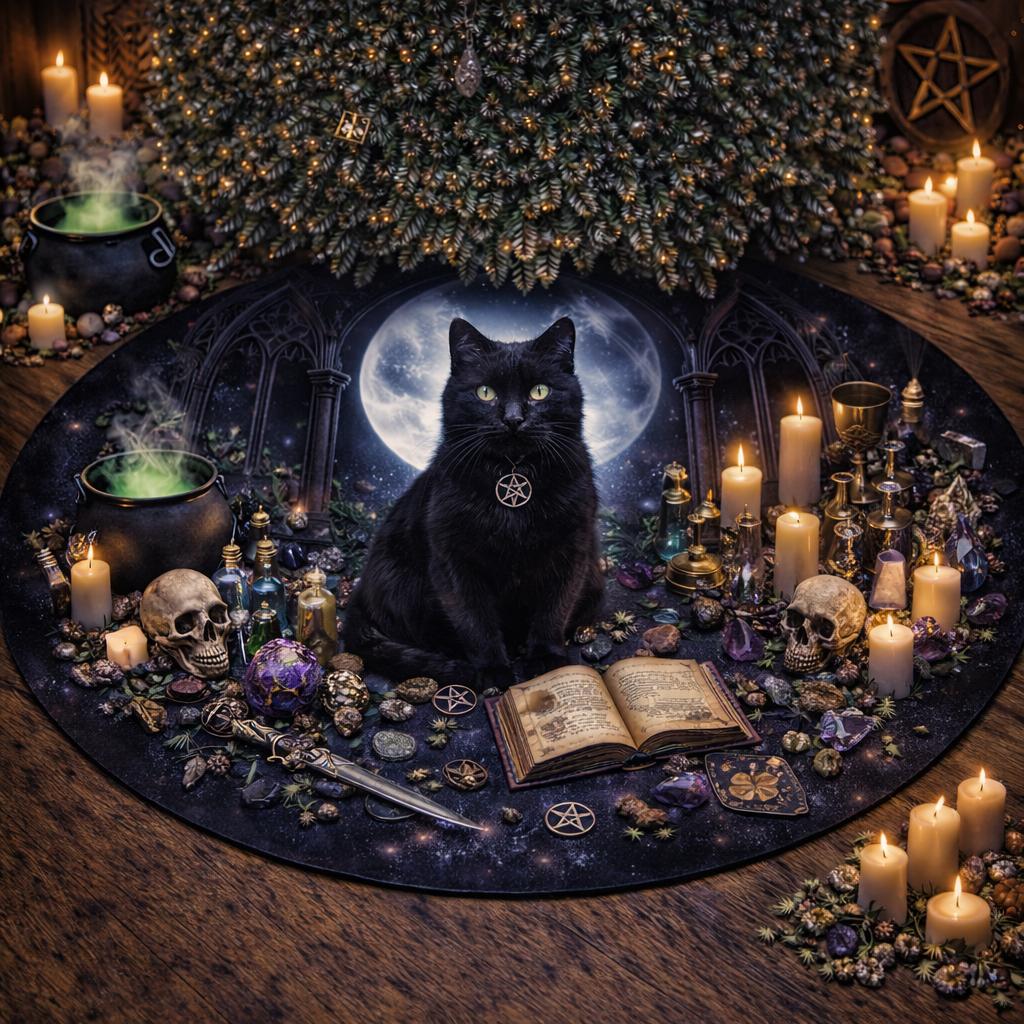 Black cat on a dark velvet Gothic Yule tree skirt with a full moon, skulls, candles, and witchy decor.