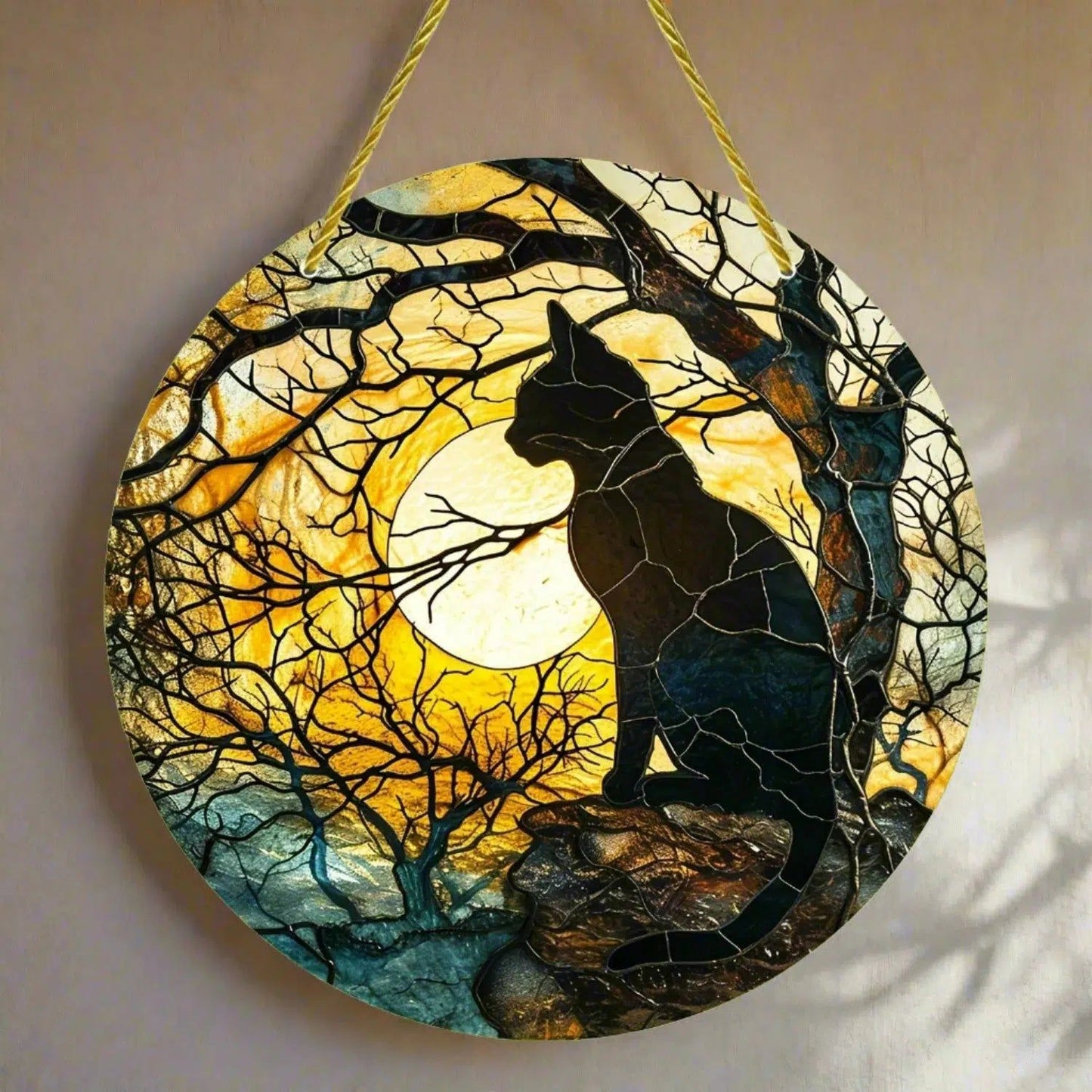Moon Black Cat Suncatcher Witchy Cat Acrylic Round Sign-MoonChildWorld