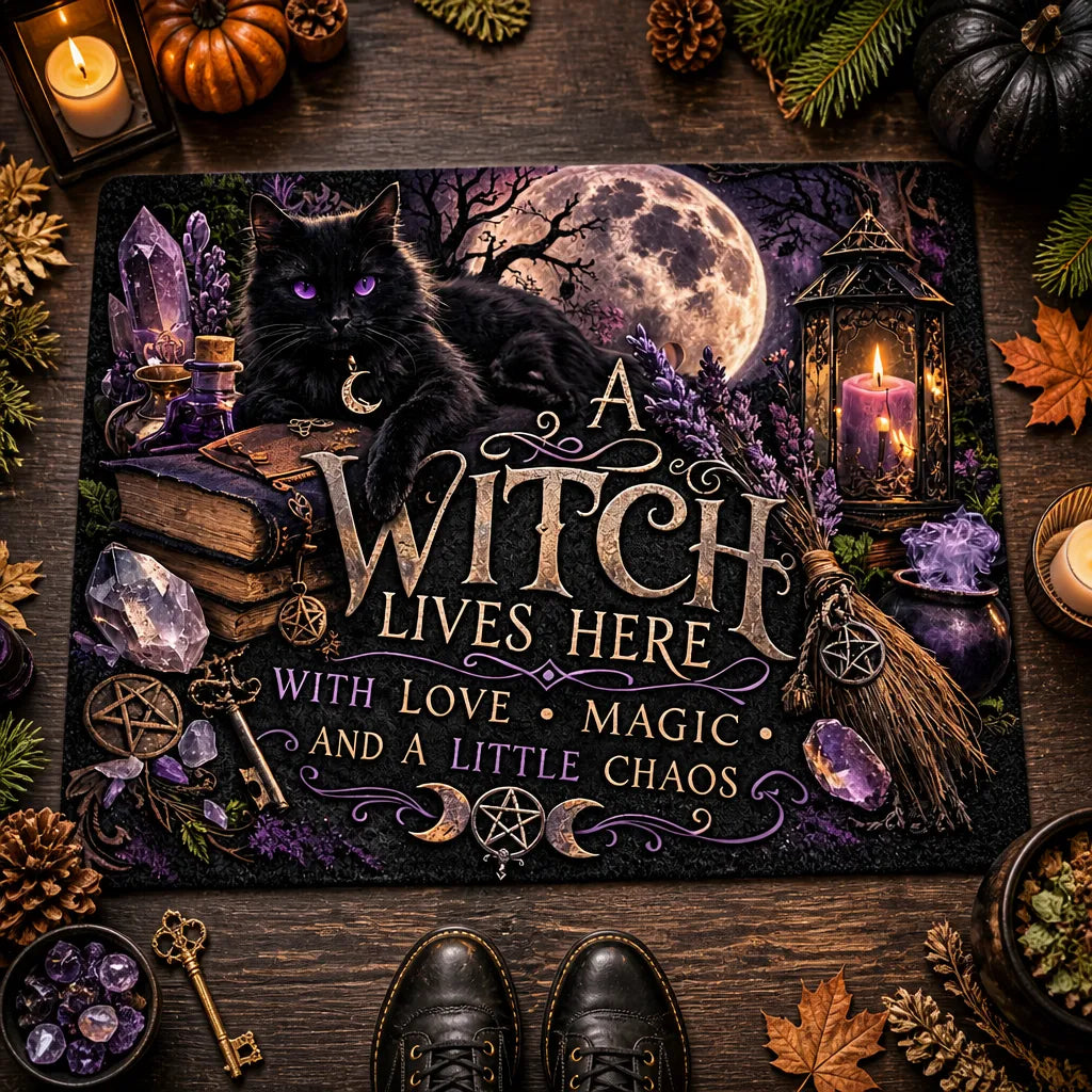 Moon Black Cat Wicca Doormat – Gothic Witch Familiar Welcome Mat_mockup_3.webp
