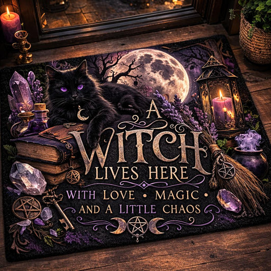 Moon Black Cat Wicca Doormat – Gothic Witch Familiar Welcome Mat-MoonChildWorld