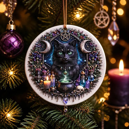 Moon Black Cat Wicca Yule Ceramic Ornament – Witch Christmas Ornament_mockup_1.webp