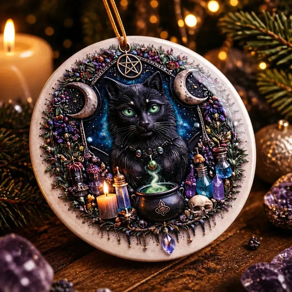 Moon Black Cat Wicca Yule Ceramic Ornament – Witch Christmas Ornament_mockup_2.webp