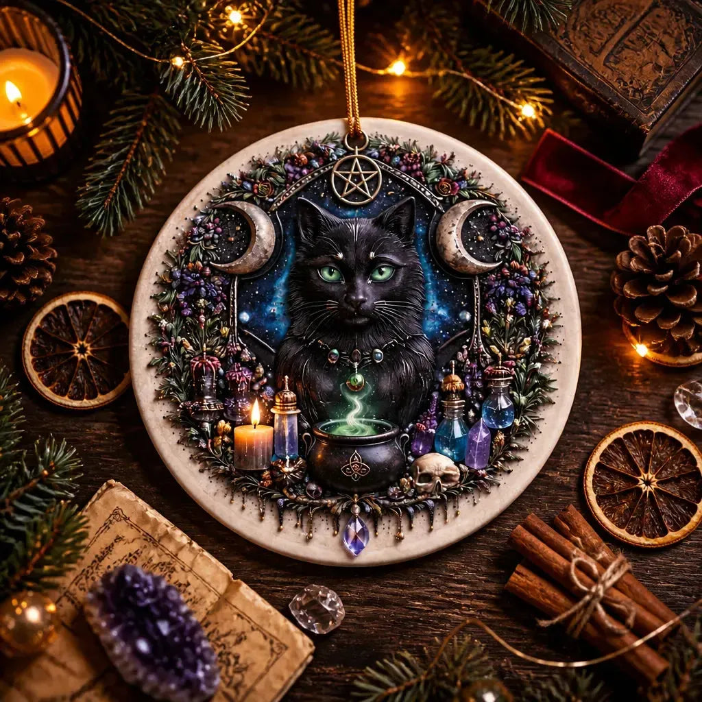 Moon Black Cat Wicca Yule Ceramic Ornament – Witch Christmas Ornament_mockup_3.webp