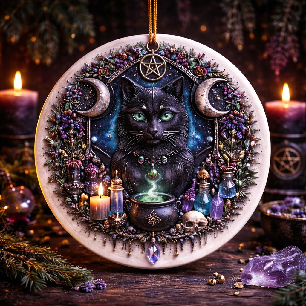 Moon Black Cat Wicca Yule Ceramic Ornament – Witch Christmas Ornament-MoonChildWorld