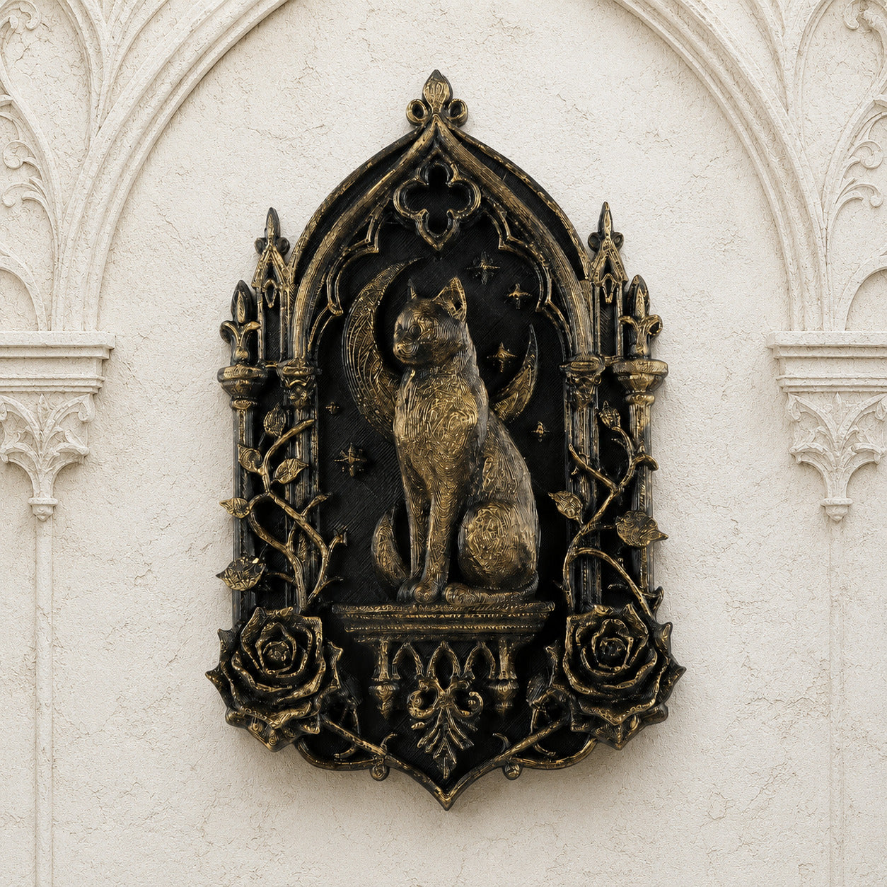 Moon black cat and rose Gothic wall plaque front view on a dark Gothic wall