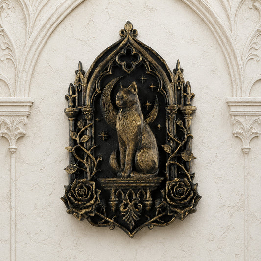 Moon black cat and rose Gothic wall plaque front view on a dark Gothic wall