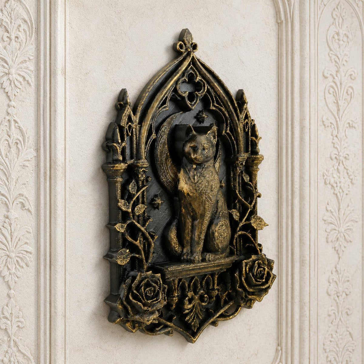 Moon black cat and rose Gothic resin wall plaque angled view