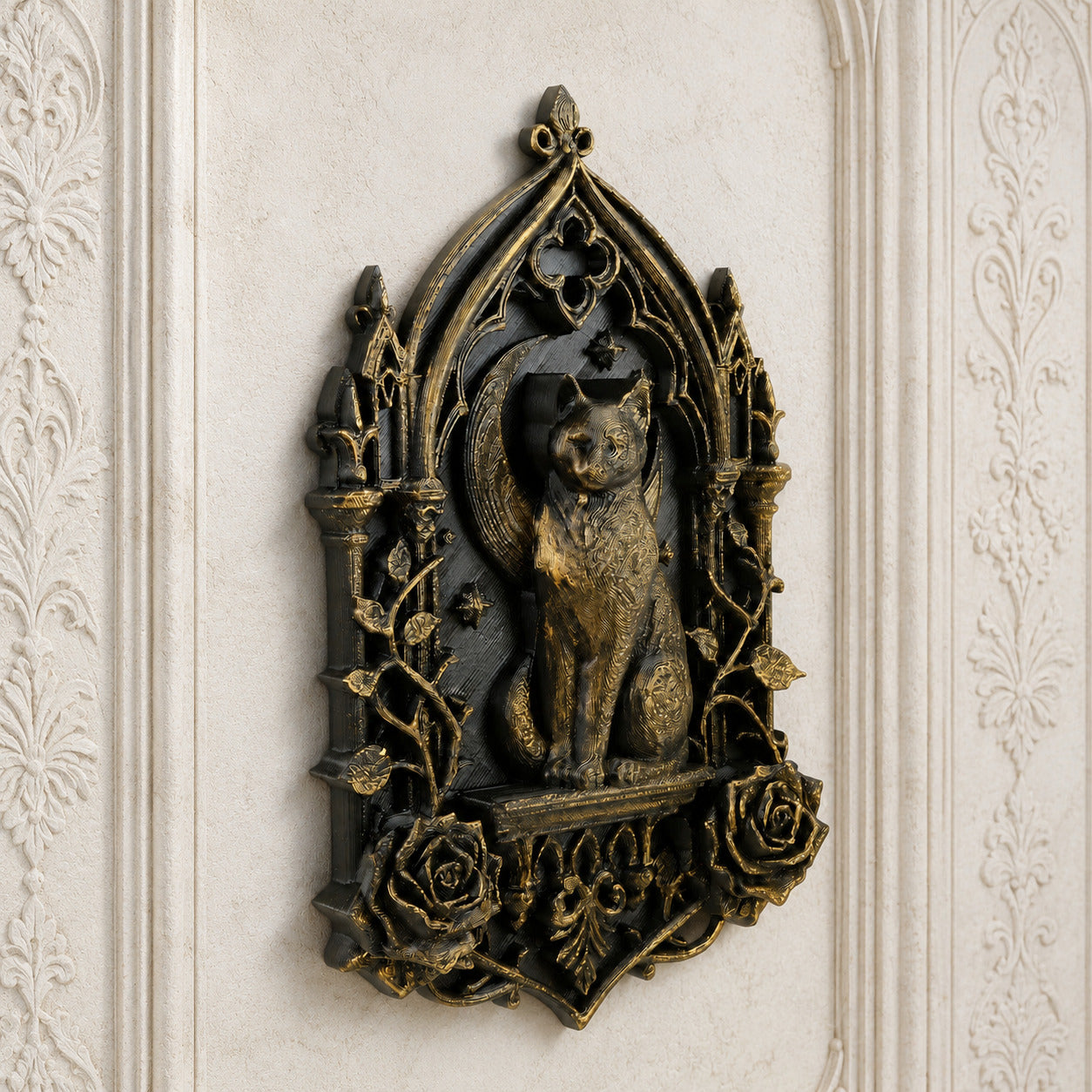 Moon black cat and rose Gothic resin wall plaque angled view