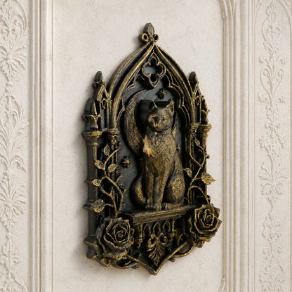 Moon black cat and rose Gothic resin wall plaque angled view