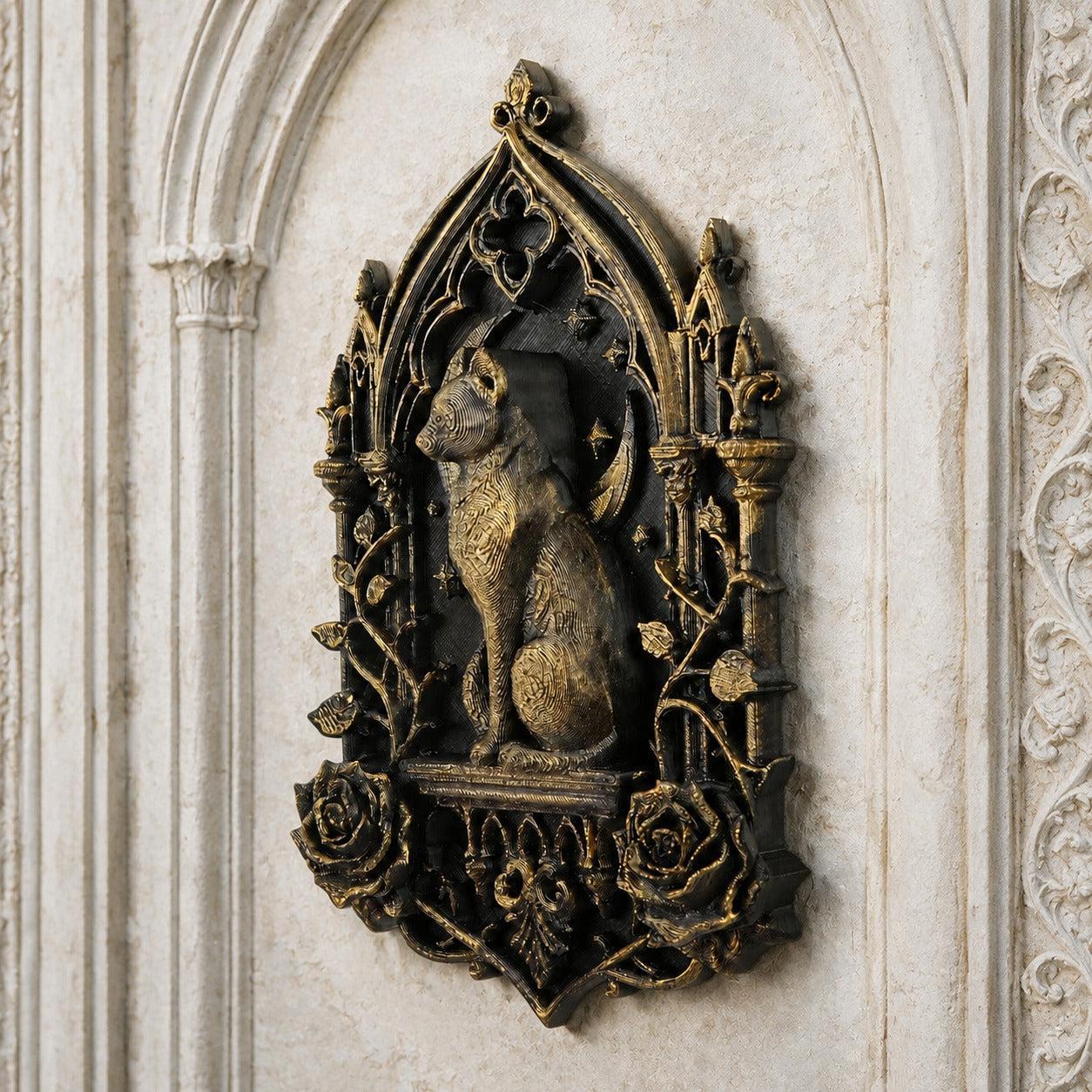 Black cat moon and rose Gothic wall decor side angle on a dark wall