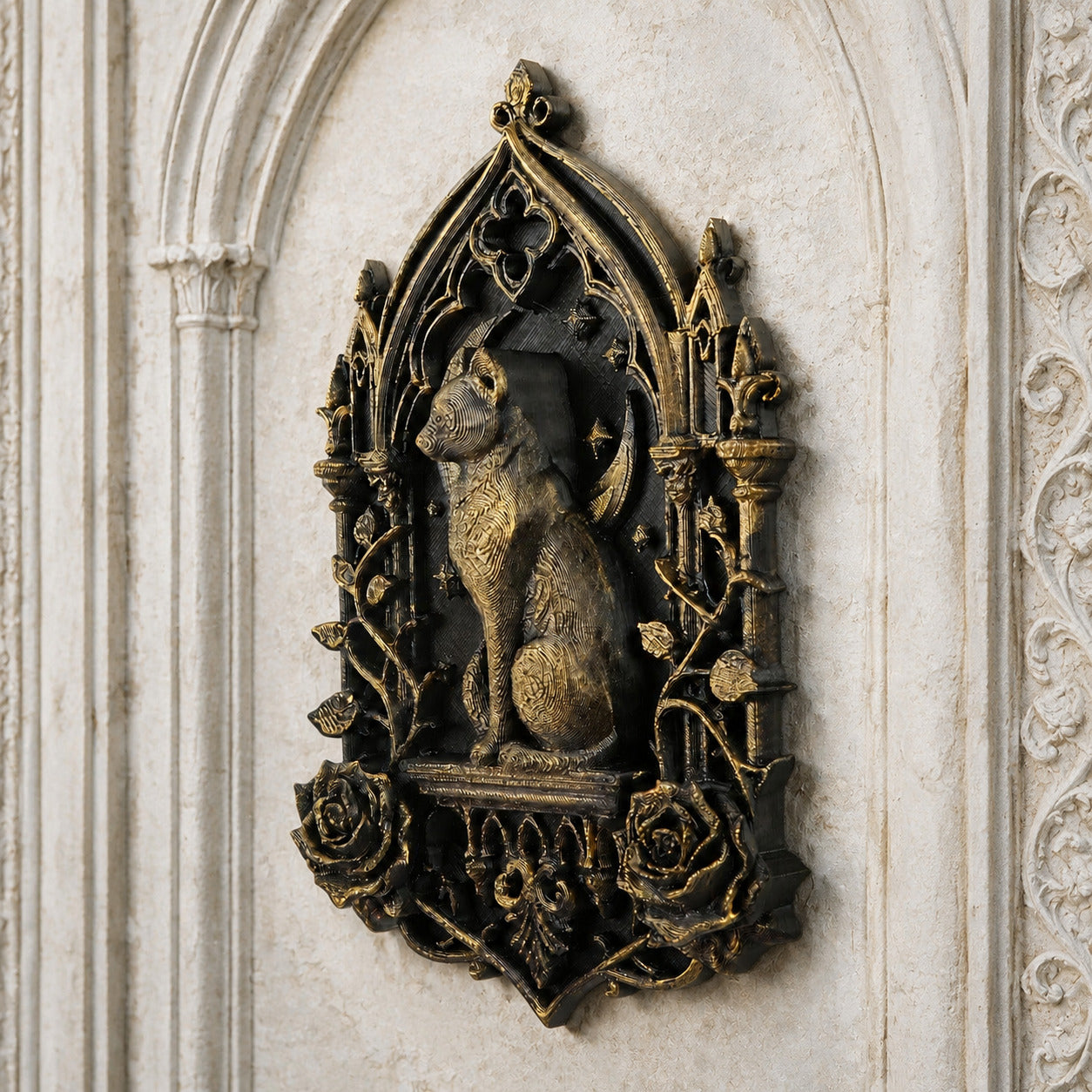 Black cat moon and rose Gothic wall decor side angle on a dark wall