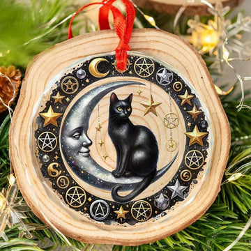 Moon Cat Glass Ornament Black Cat Witchy Christmas Ornament-MoonChildWorld
