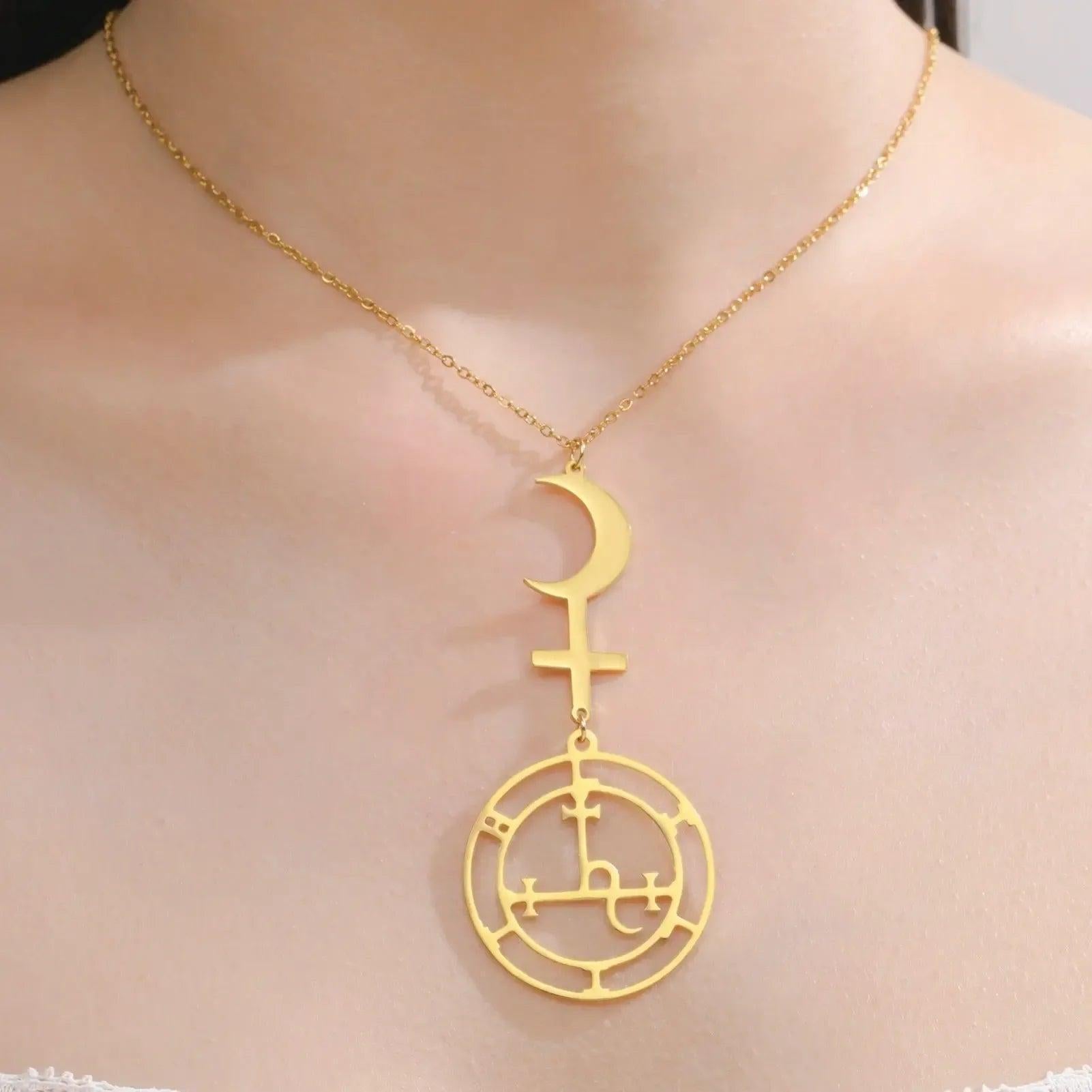 Moon Cross Sigil of Lilith Necklace Demon Seal Marbas Solomon Amulet Jewelry-MoonChildWorld