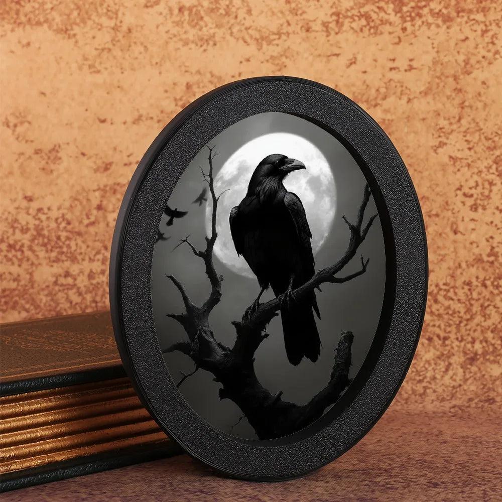 Moon Crow Retro Witch Wall Art - Black Raven Gothic Wooden Oval Frame Halloween Wall Decoration-MoonChildWorld