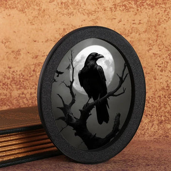 Moon Crow Retro Witch Wall Art - Black Raven Gothic Wooden Oval Frame Halloween Wall Decoration-MoonChildWorld