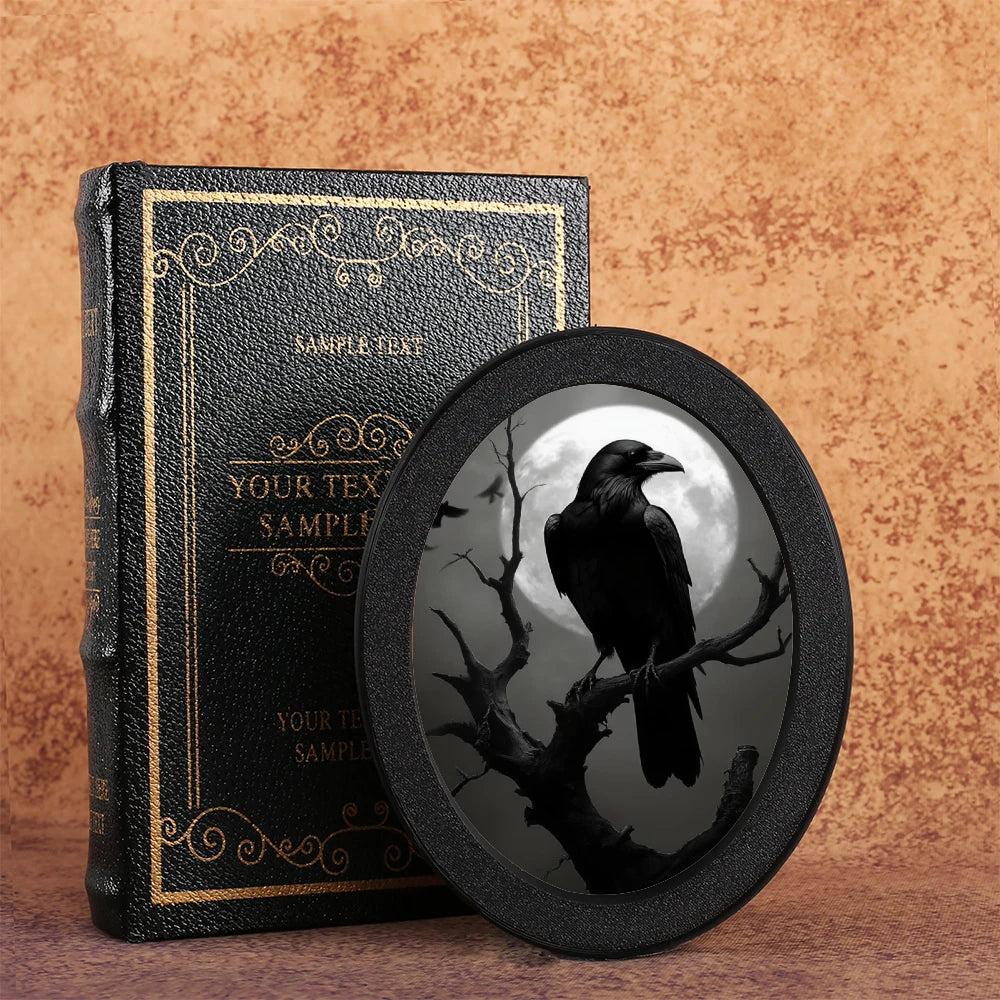 Moon Crow Retro Witch Wall Art - Black Raven Gothic Wooden Oval Frame Halloween Wall Decoration-MoonChildWorld