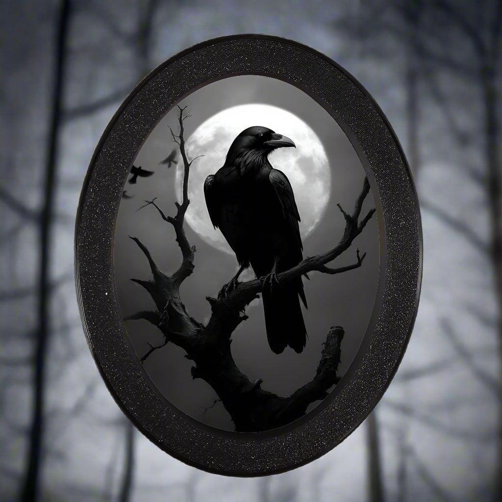 Moon Crow Retro Witch Wall Art - Black Raven Gothic Wooden Oval Frame Halloween Wall Decoration-MoonChildWorld