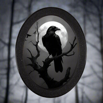 Moon Crow Retro Witch Wall Art - Black Raven Gothic Wooden Oval Frame Halloween Wall Decoration-MoonChildWorld