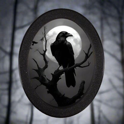 Moon Crow Retro Witch Wall Art - Black Raven Gothic Wooden Oval Frame Halloween Wall Decoration-MoonChildWorld