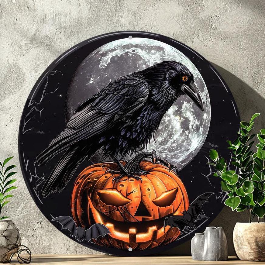 Moon Crow Wall Sign Black Raven Gothic Metal Sign Halloween Decor-MoonChildWorld