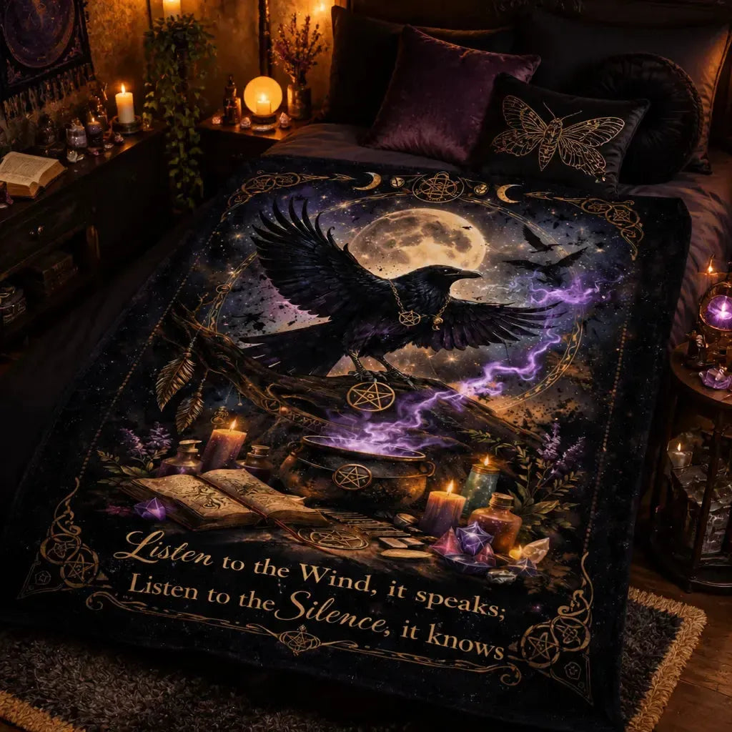 Moon Crow Witchy Blanket - Wiccan Raven Gothic Blanket for Halloween Decor_mockup_1.webp