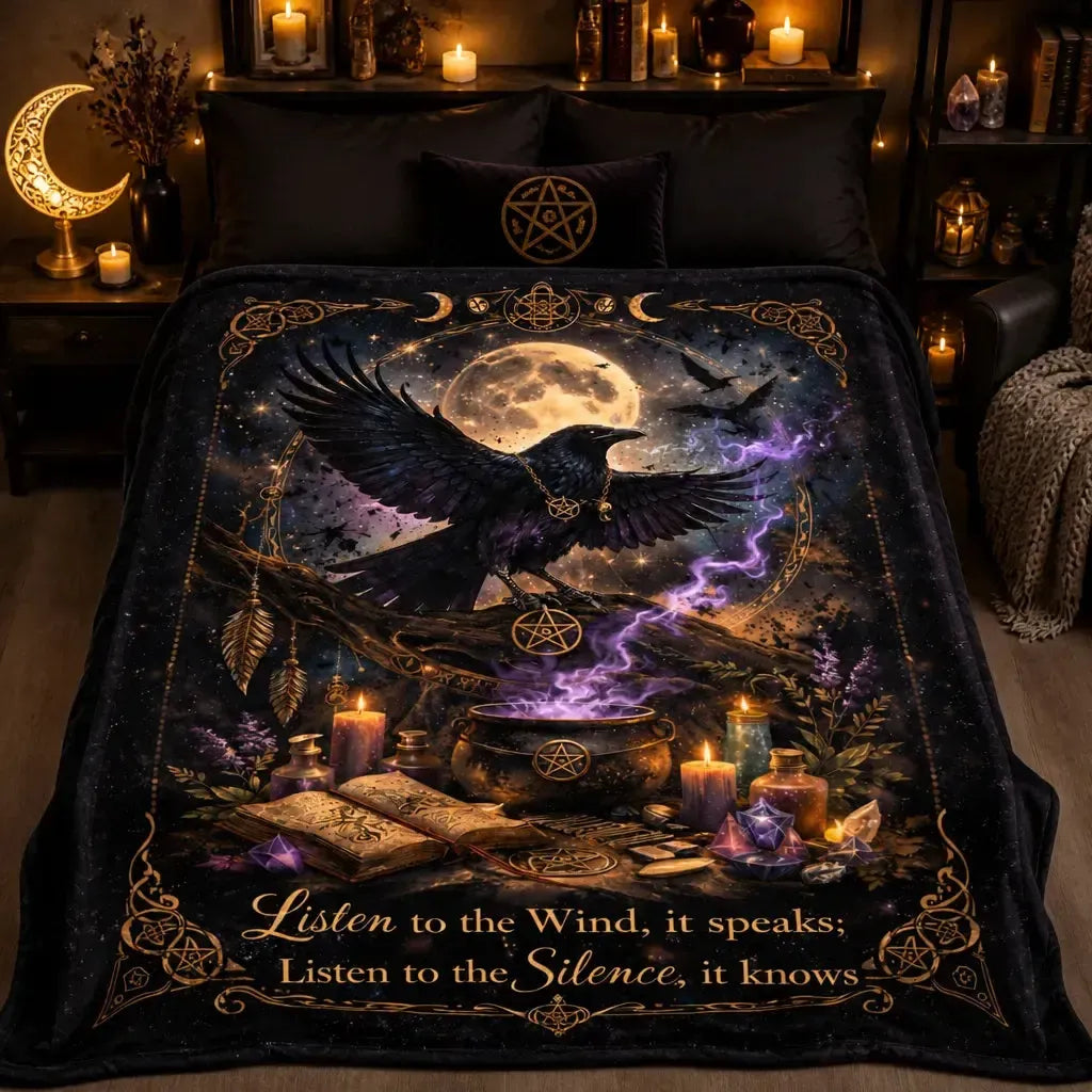 Moon Crow Witchy Blanket - Wiccan Raven Gothic Blanket for Halloween Decor_mockup_2.webp