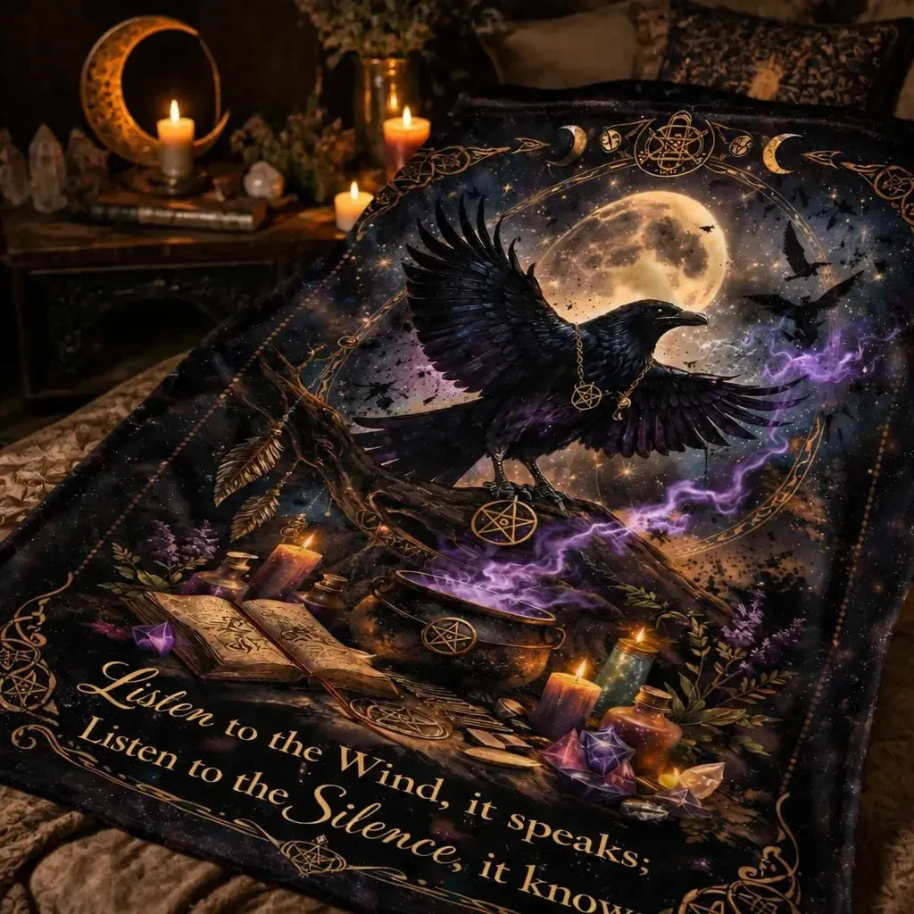 Moon Crow Witchy Blanket - Wiccan Raven Gothic Blanket for Halloween Decor_mockup_3.webp