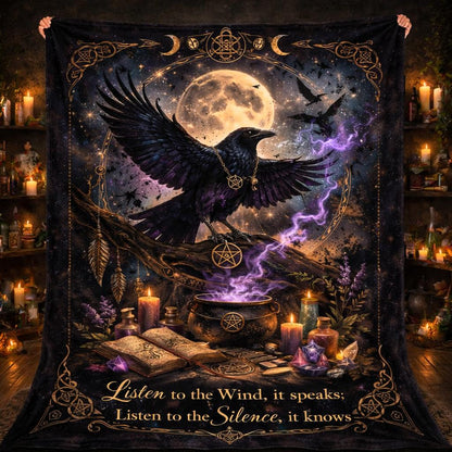 Gothic black fleece blanket with a raven, full moon, pentacle, cauldron, and "Listen to the Wind" text.
