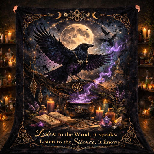 Moon Crow Witchy Blanket - Wiccan Raven Gothic Blanket for Halloween Decor-MoonChildWorld