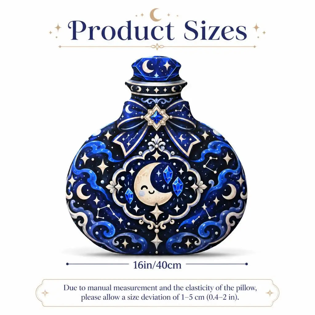 Size guide showing 16 inch / 40 cm: decorative plush pillow featuring potion bottle with moon and crystal artwork