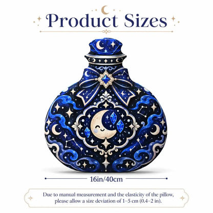 Size guide showing 16 inch / 40 cm: decorative plush pillow featuring potion bottle with moon and crystal artwork
