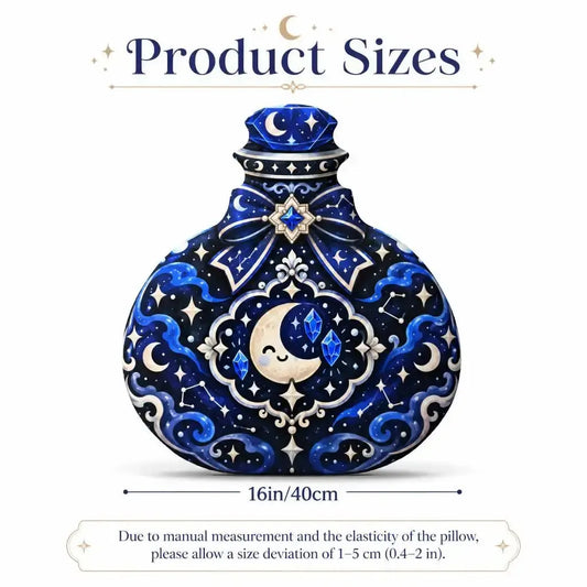 Size guide showing 16 inch / 40 cm: decorative plush pillow featuring potion bottle with moon and crystal artwork