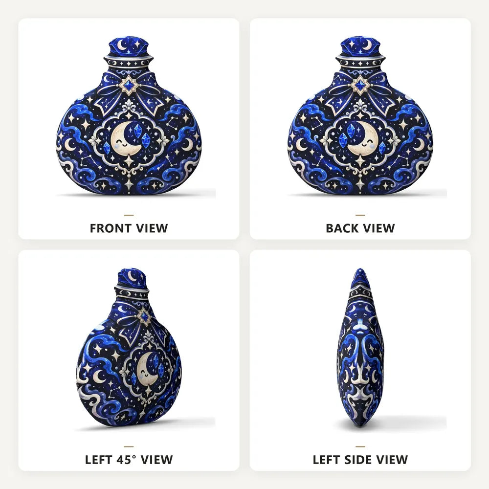 Front, back and side views: decorative plush pillow featuring potion bottle with moon and crystal artwork
