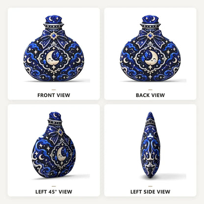 Front, back and side views: decorative plush pillow featuring potion bottle with moon and crystal artwork