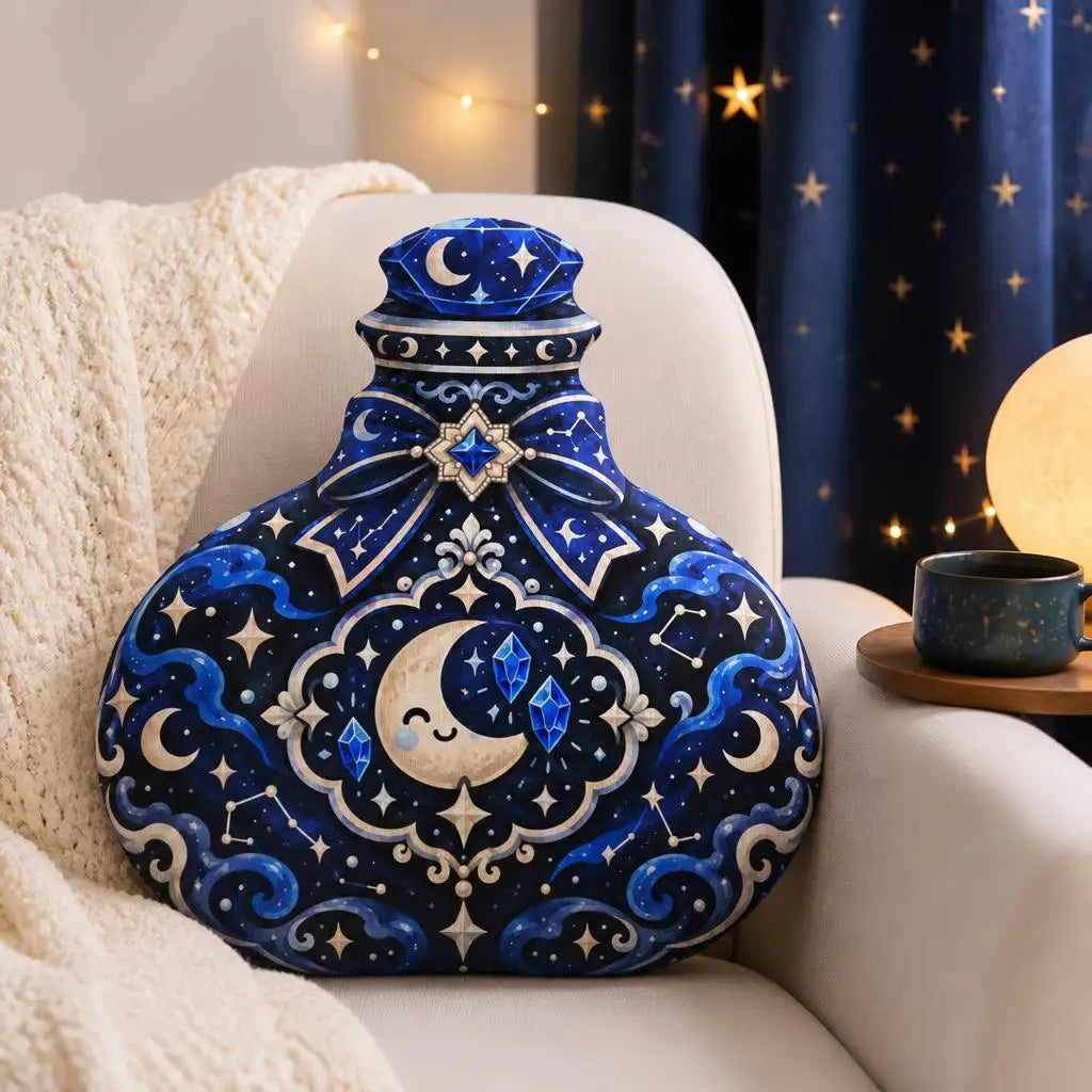 Styled room view: decorative plush pillow featuring potion bottle with moon and crystal artwork