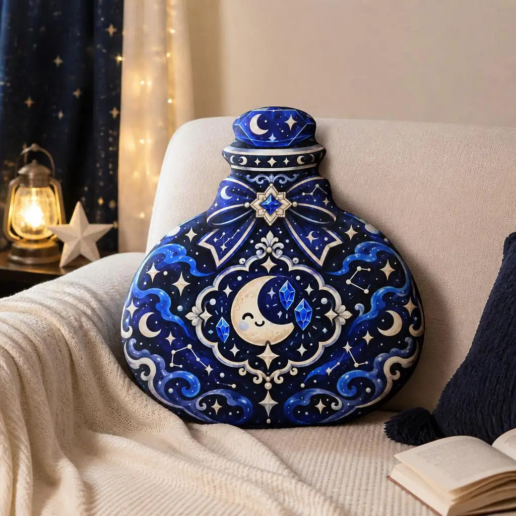 Alternate styled room view: decorative plush pillow featuring potion bottle with moon and crystal artwork