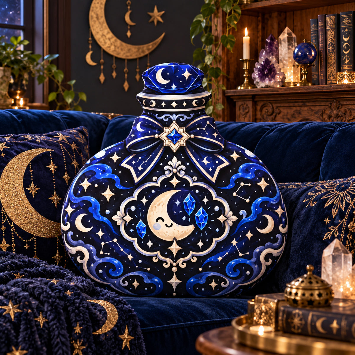 Moon Crystal Potion Bottle Plush Pillow in a witchy room
