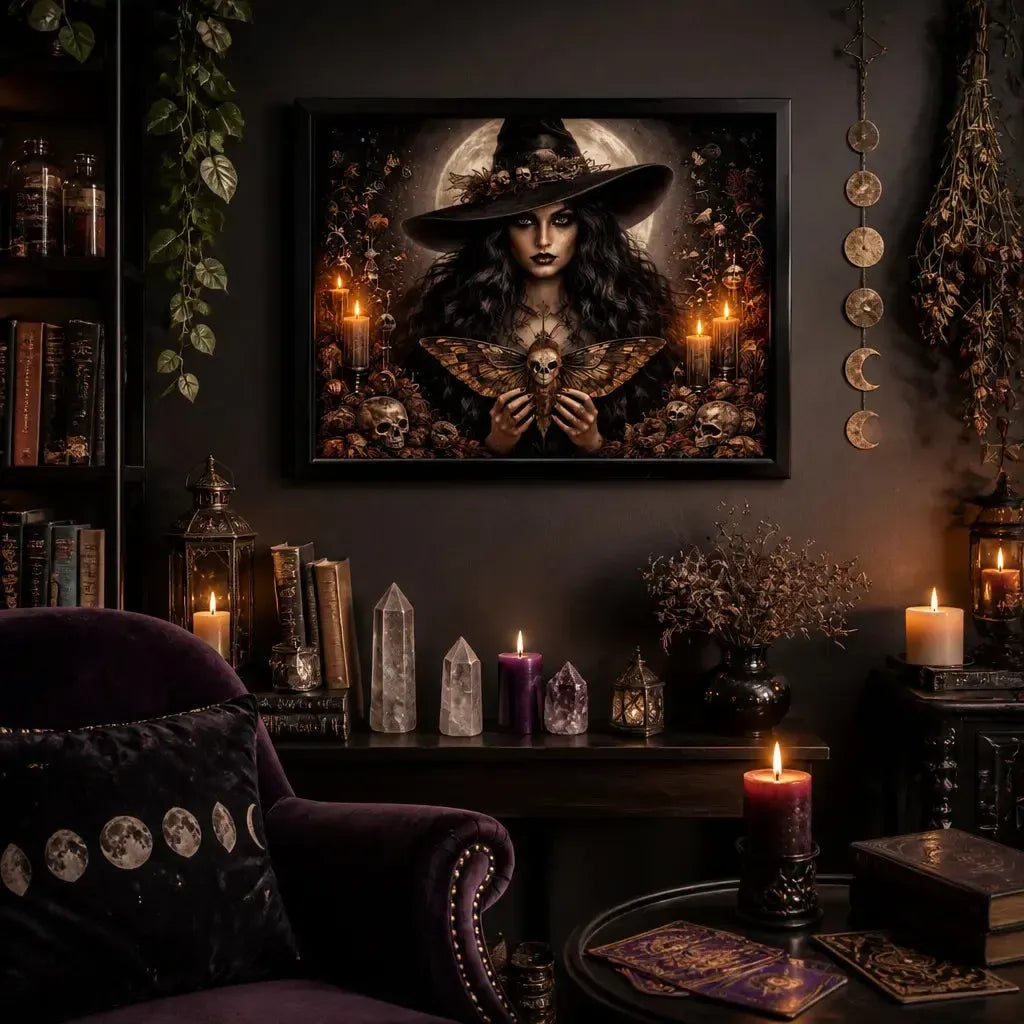 Moon Death Moth Gothic Witchy Decor - Halloween Black Framed Art Print Canvas for Witch Wall Decor_mockup_1.webp