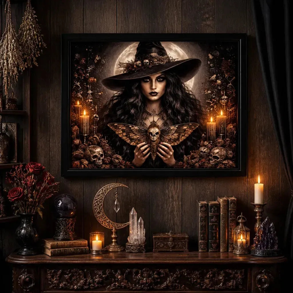 Moon Death Moth Gothic Witchy Decor - Halloween Black Framed Art Print Canvas for Witch Wall Decor_mockup_2.webp