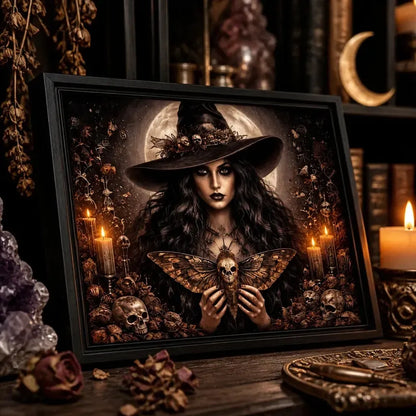 Moon Death Moth Gothic Witchy Decor - Halloween Black Framed Art Print Canvas for Witch Wall Decor_mockup_3.webp