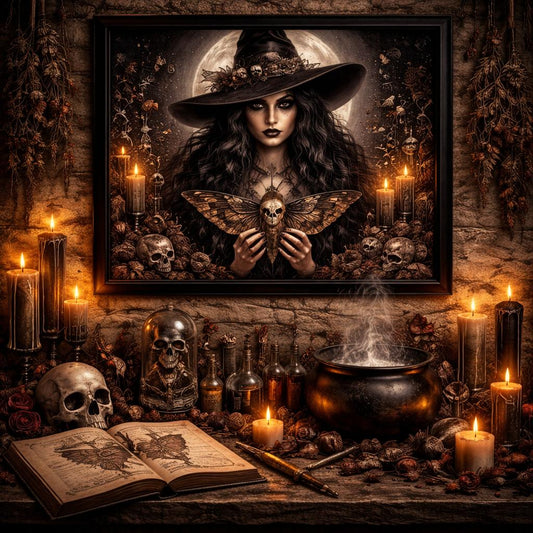 Gothic witchy art print of a witch holding a death moth, framed on a stone wall with candles and skulls.