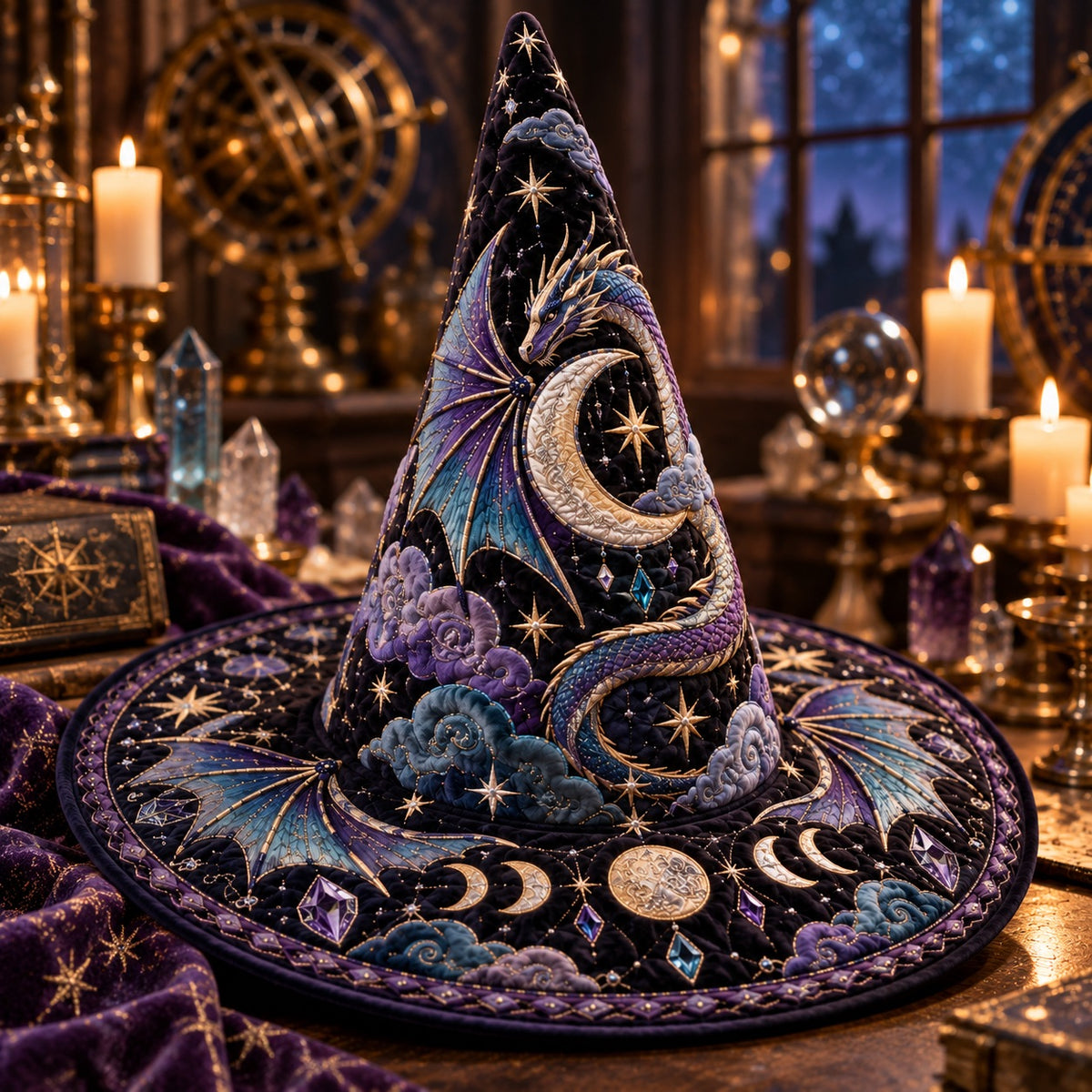 Moon Dragon Quilted Witch Hat – Celestial Crescent Fantasy Wide Brim Hat – styled with candles and crystals