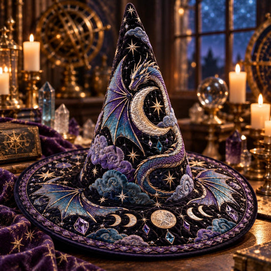 Moon Dragon Quilted Witch Hat – Celestial Crescent Fantasy Wide Brim Hat – styled with candles and crystals