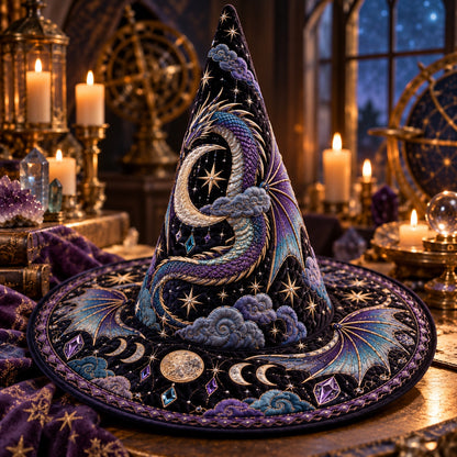 Moon Dragon Quilted Witch Hat – Celestial Crescent Fantasy Wide Brim Hat – styled with candles and crystals