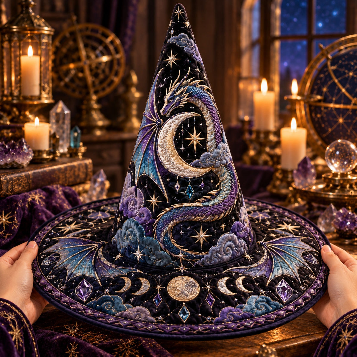 Moon Dragon Quilted Witch Hat – Celestial Crescent Fantasy Wide Brim Hat – held in both hands