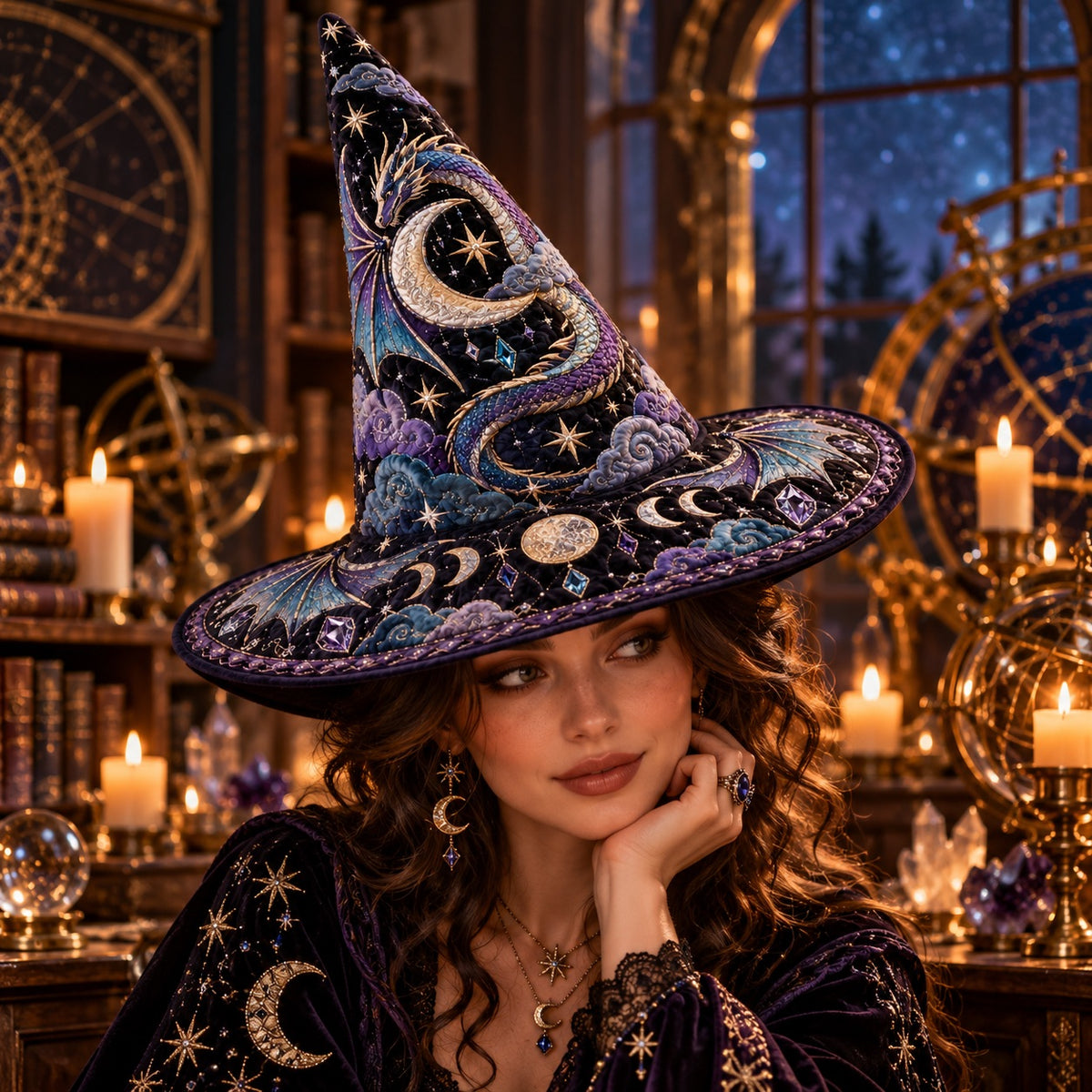 Moon Dragon Quilted Witch Hat – Celestial Crescent Fantasy Wide Brim Hat – worn by a model